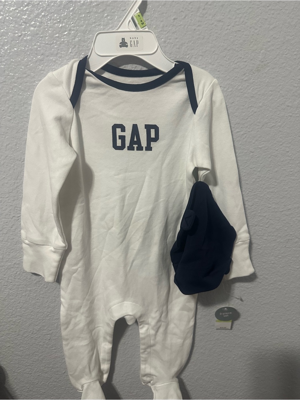 GAP White Footed Pajamas with Navy Trim and Hat